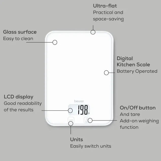 Weier Kchenwaage mit Glasoberflche, LCD-Display und Tasten.
