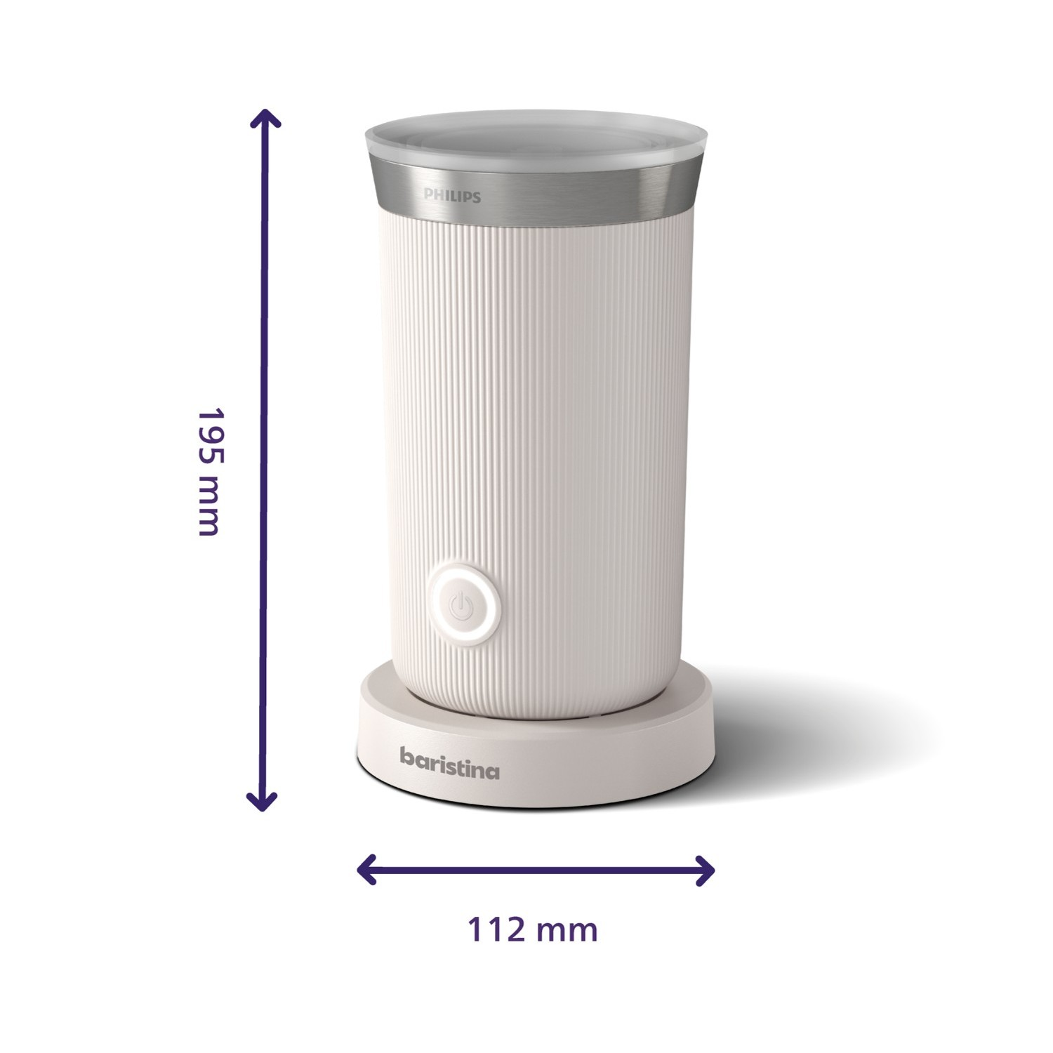 Montalatte Philips Baristina bianco su base, altezza 195mm, larghezza 112mm.