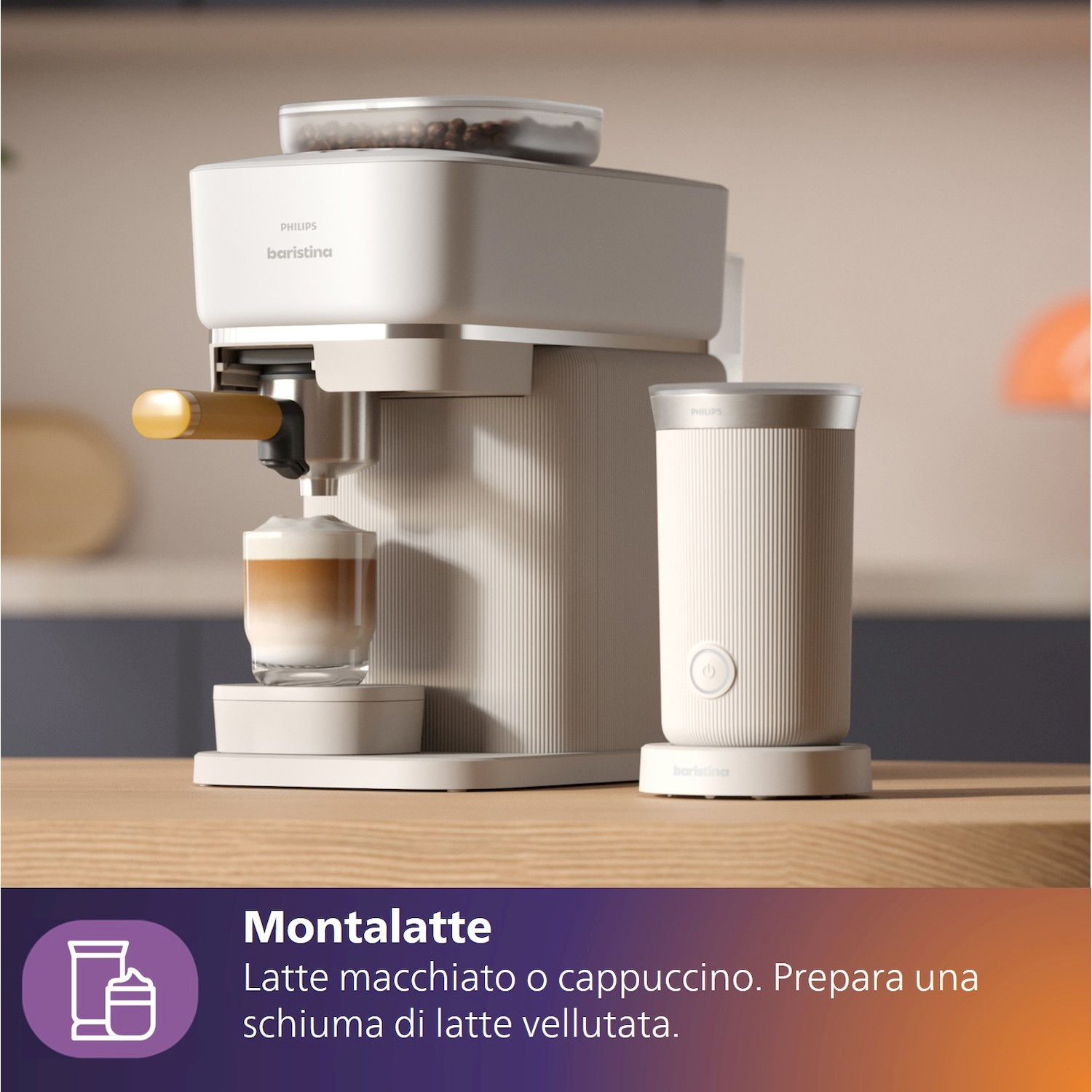 Macchina da caffè Philips Barista bianca con montalatte e bicchiere.