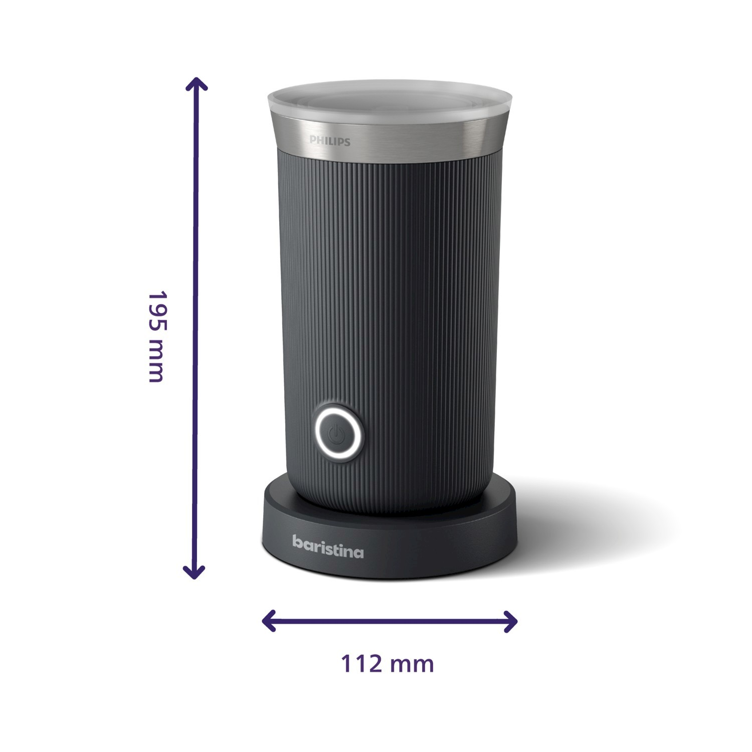 Un montalatte scuro e scanalato con bordo e base argentati, con dimensioni.