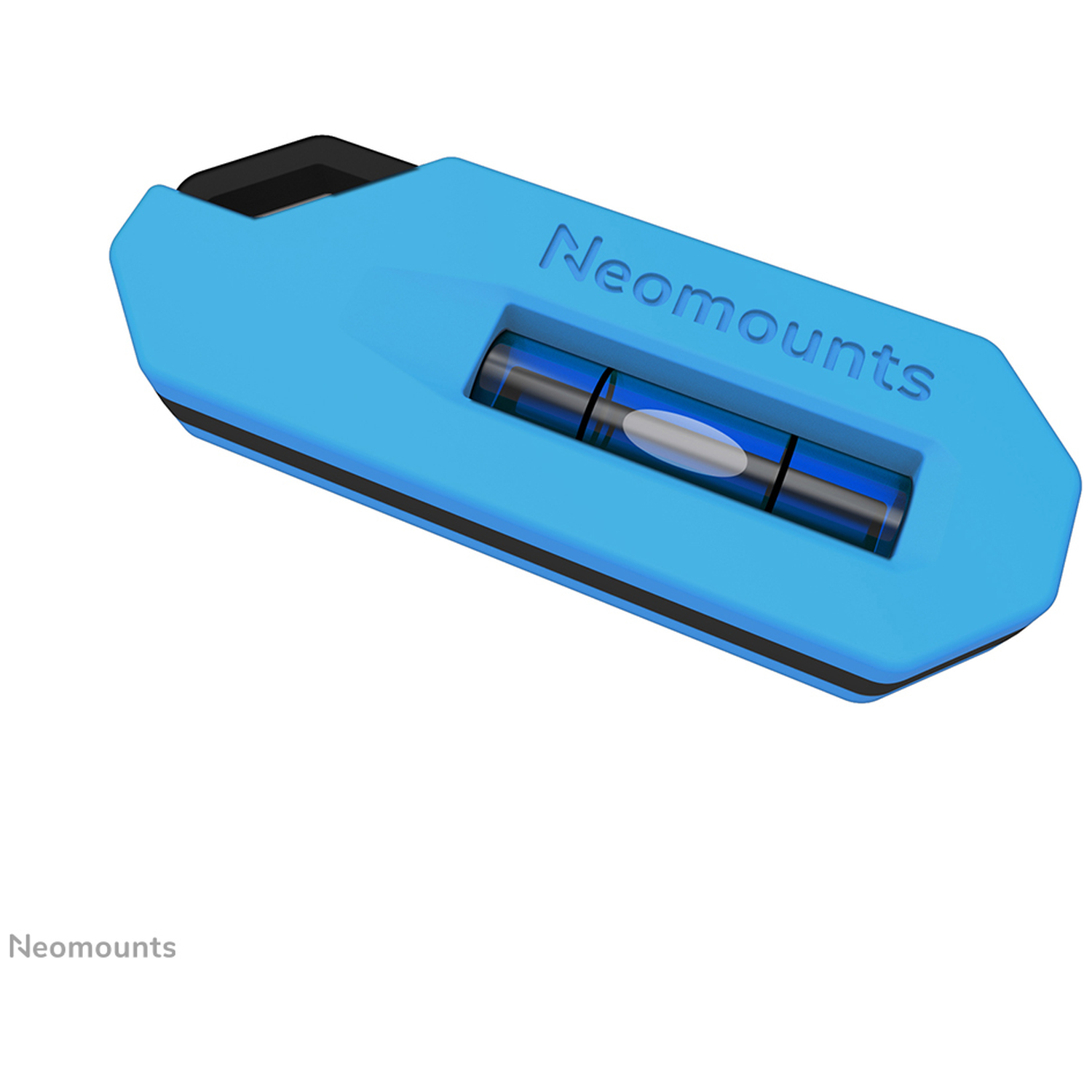 Blauw Neumounts waterpas gereedschap met zwarte accent en bubbelbuisje.
