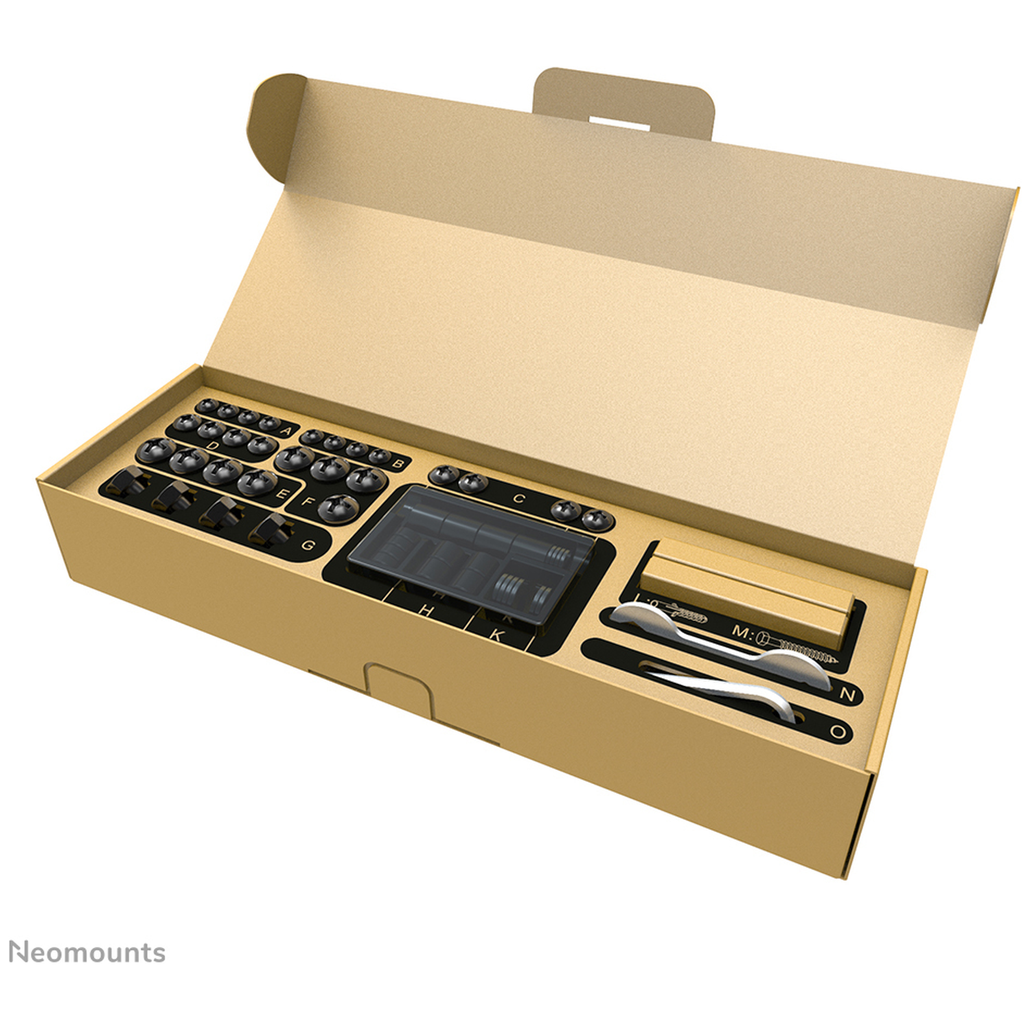 Een open kartonnen doos met gereedschap, knoppen en accessoires, verdeeld in vakken.