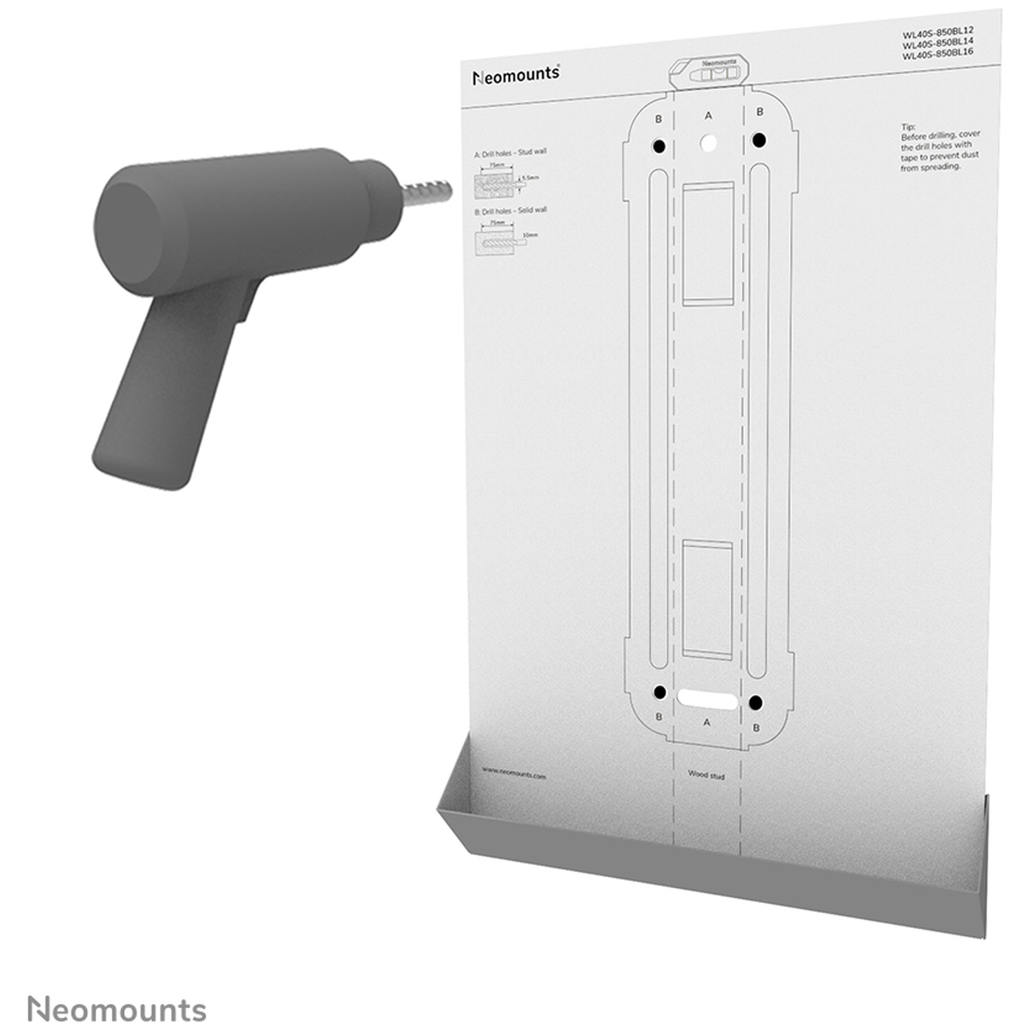 Een grijze boormachine naast een instructieblad voor muurbevestigingen.