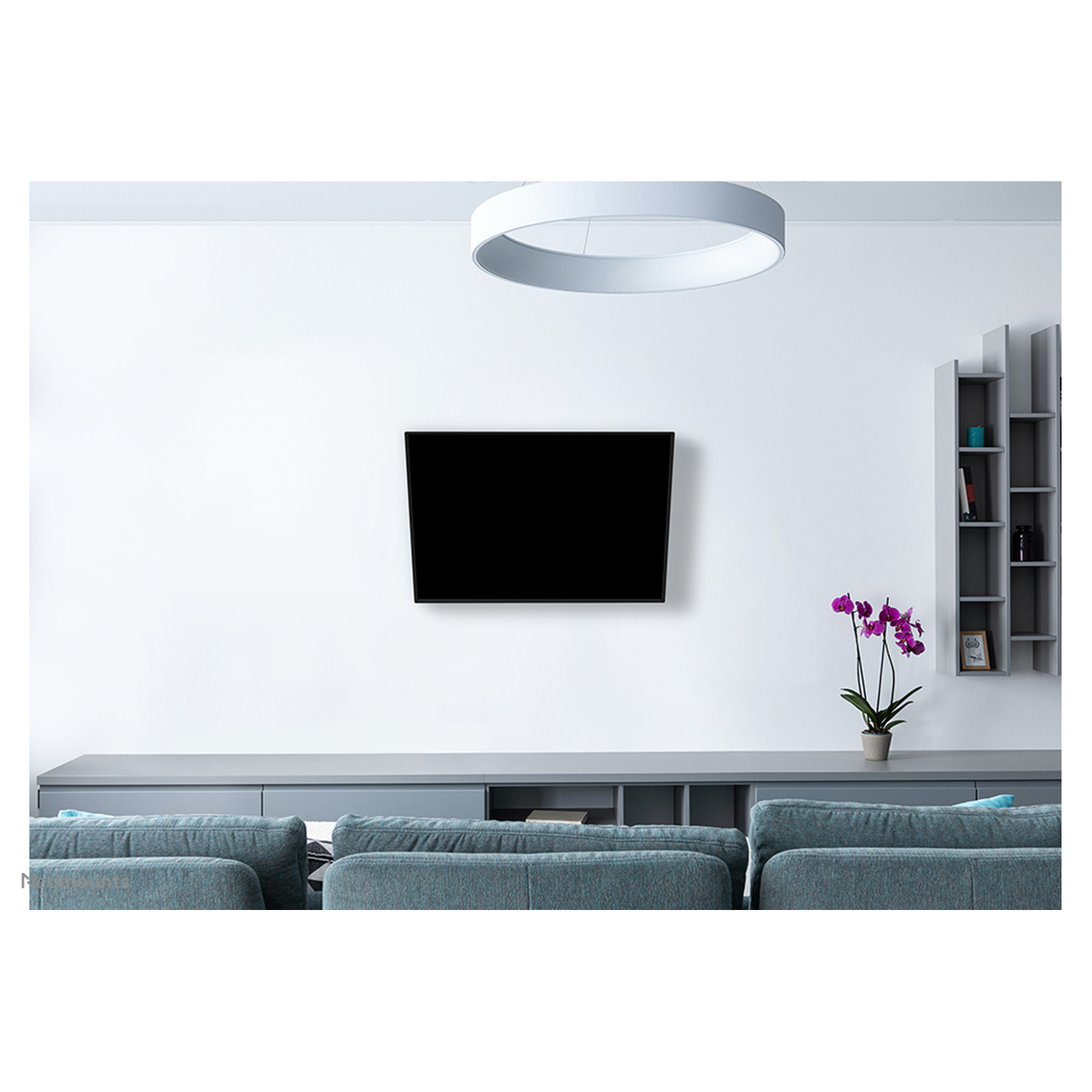 Moderne woonkamer met grijze bank, wand-tv, orchidee en plank.