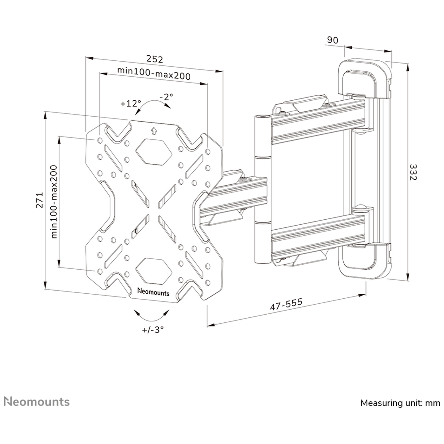 Technische tekening van een muurbeugel met afmetingen en hoeken.