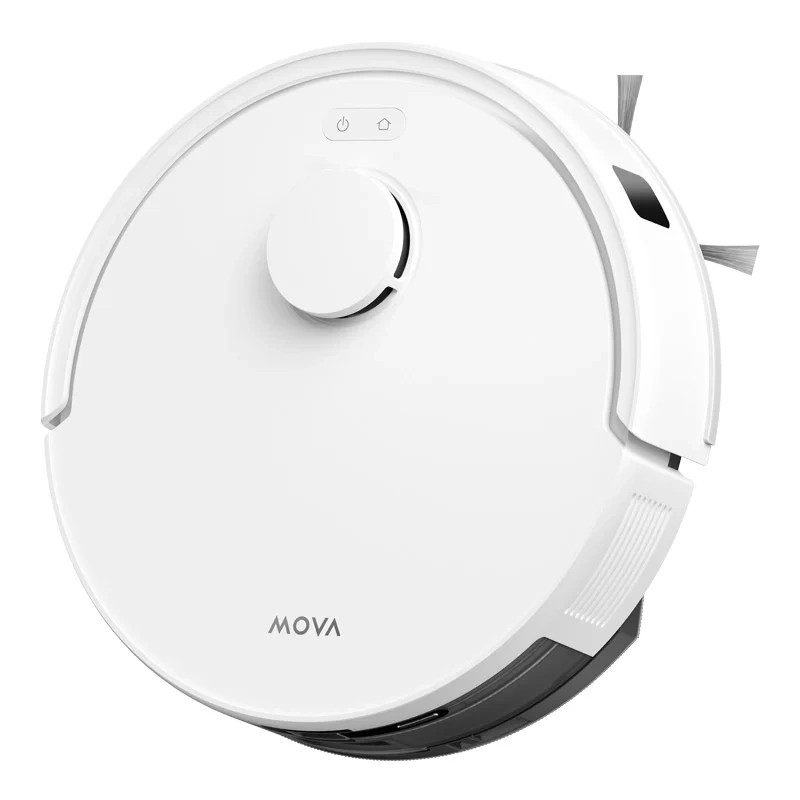 Egy fehér robotporszívó "MOVA" logóval és kefékkel.
