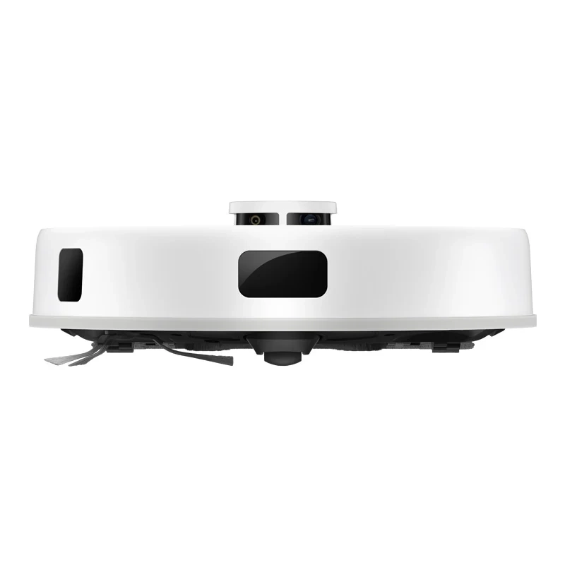Fehér robotporszívó kamerákkal és kefékkel.