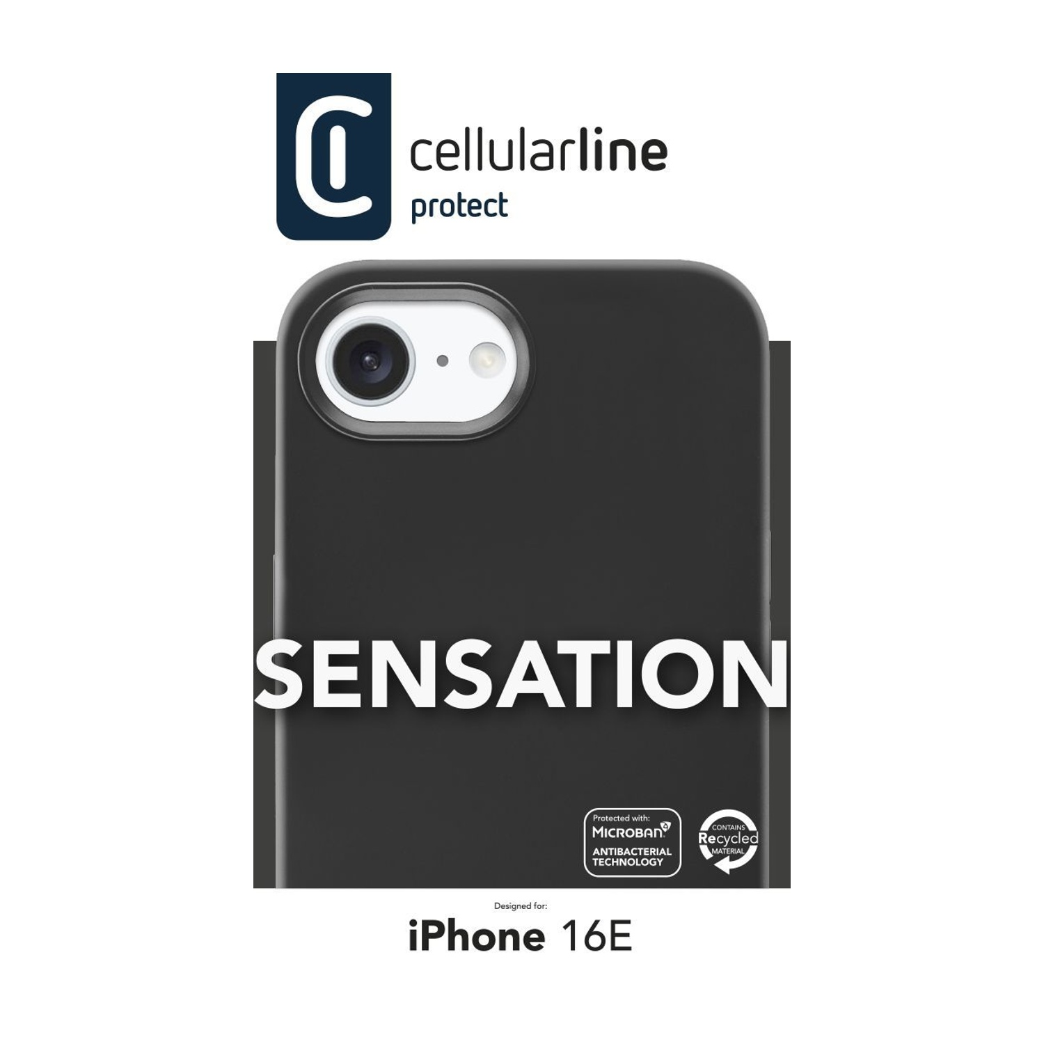 Custodia nera iPhone 16E Cellularline con scritta SENSATION.
