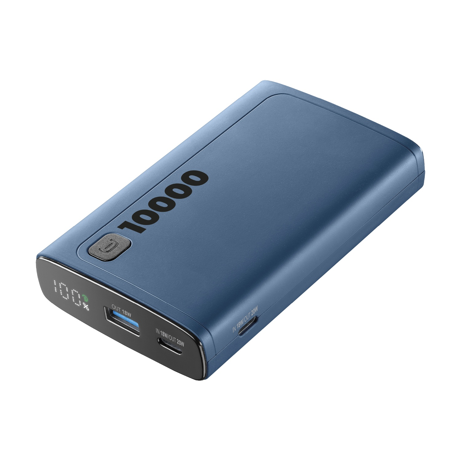 Power bank blu con capacità 10000 e display digitale.