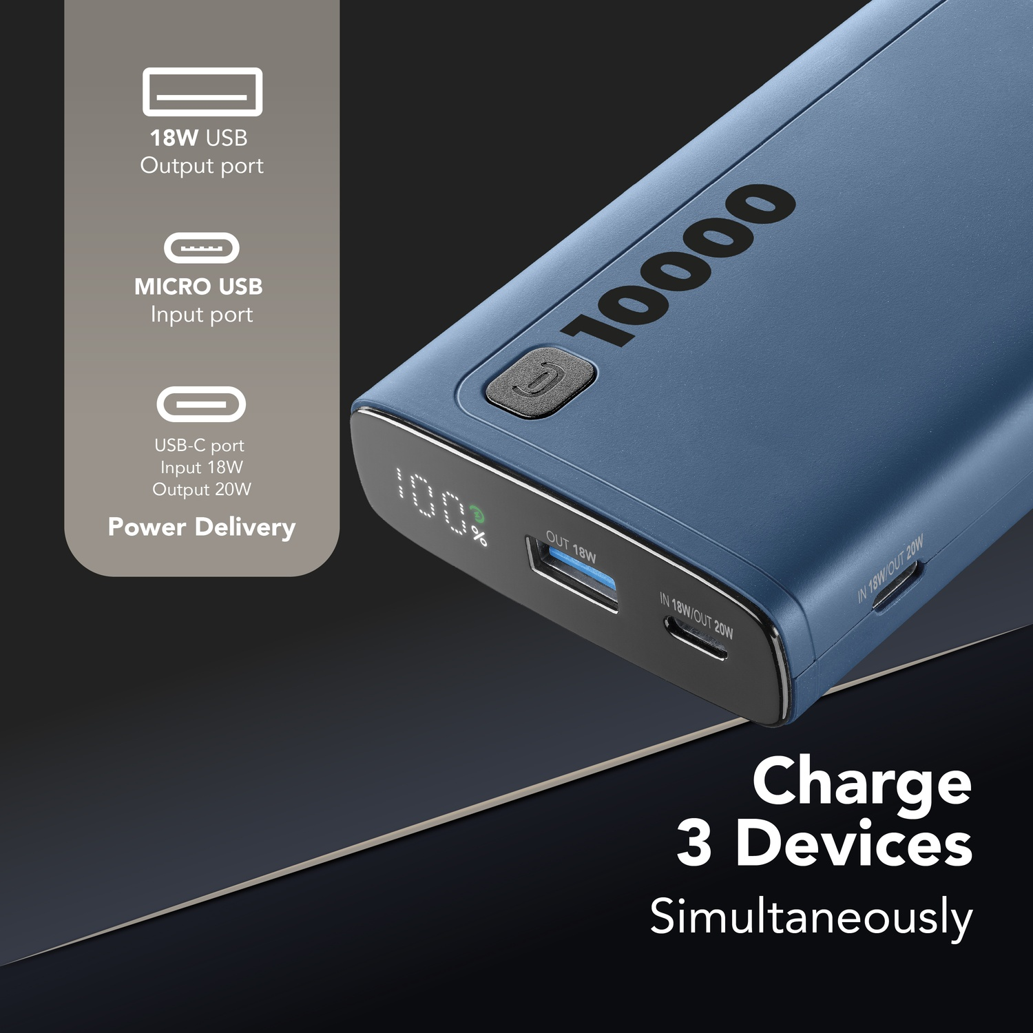 Power bank blu da 10000mAh con porte USB-C, Micro-USB, uscita 18W.