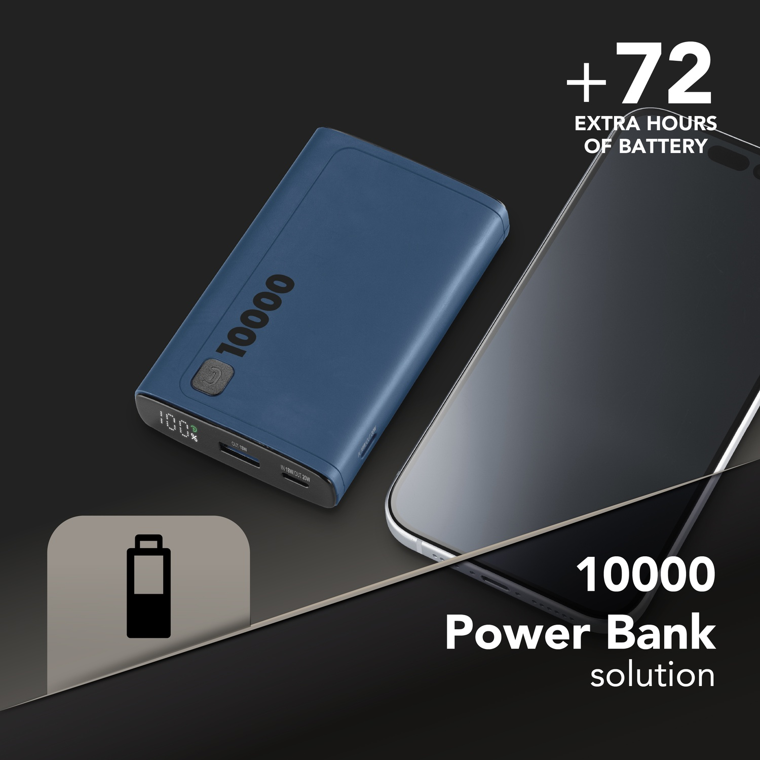 Power bank blu da 10000 mAh accanto a uno smartphone, offre +72 ore di batteria.