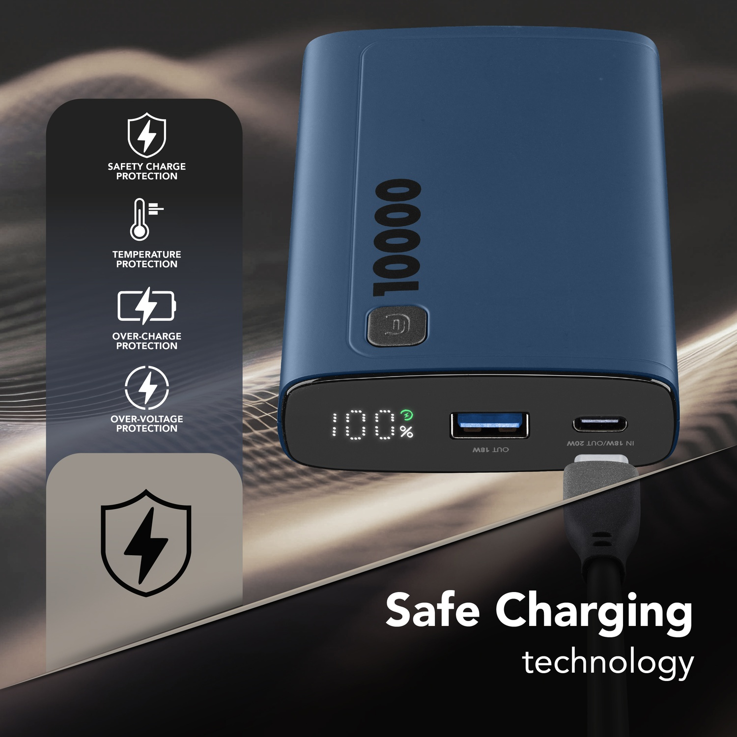 Power bank blu scuro con capacità 10000 e indicatore di carica.
