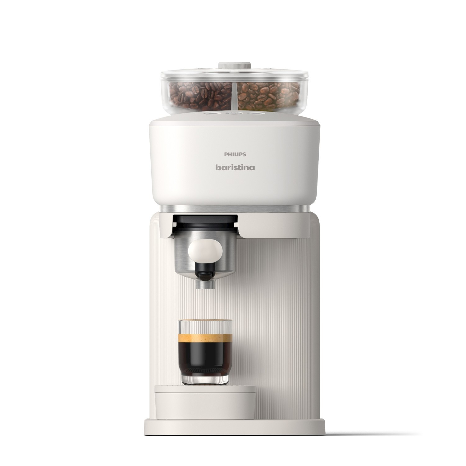 Macchina da caffè bianca con contenitore chicchi e un bicchiere di espresso.