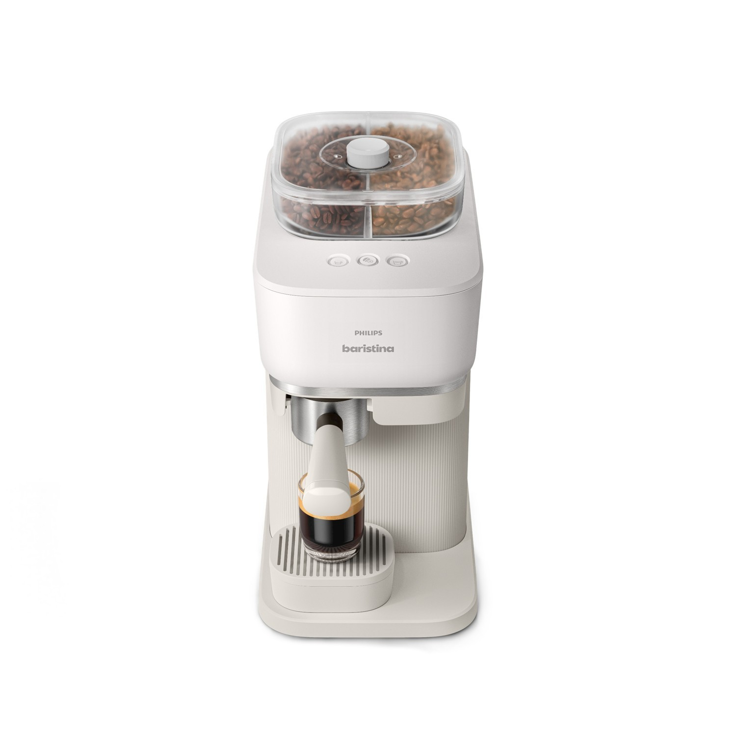 Una macchina da caffè Philips Baristina bianca con contenitore per chicchi e un bicchiere di espresso.