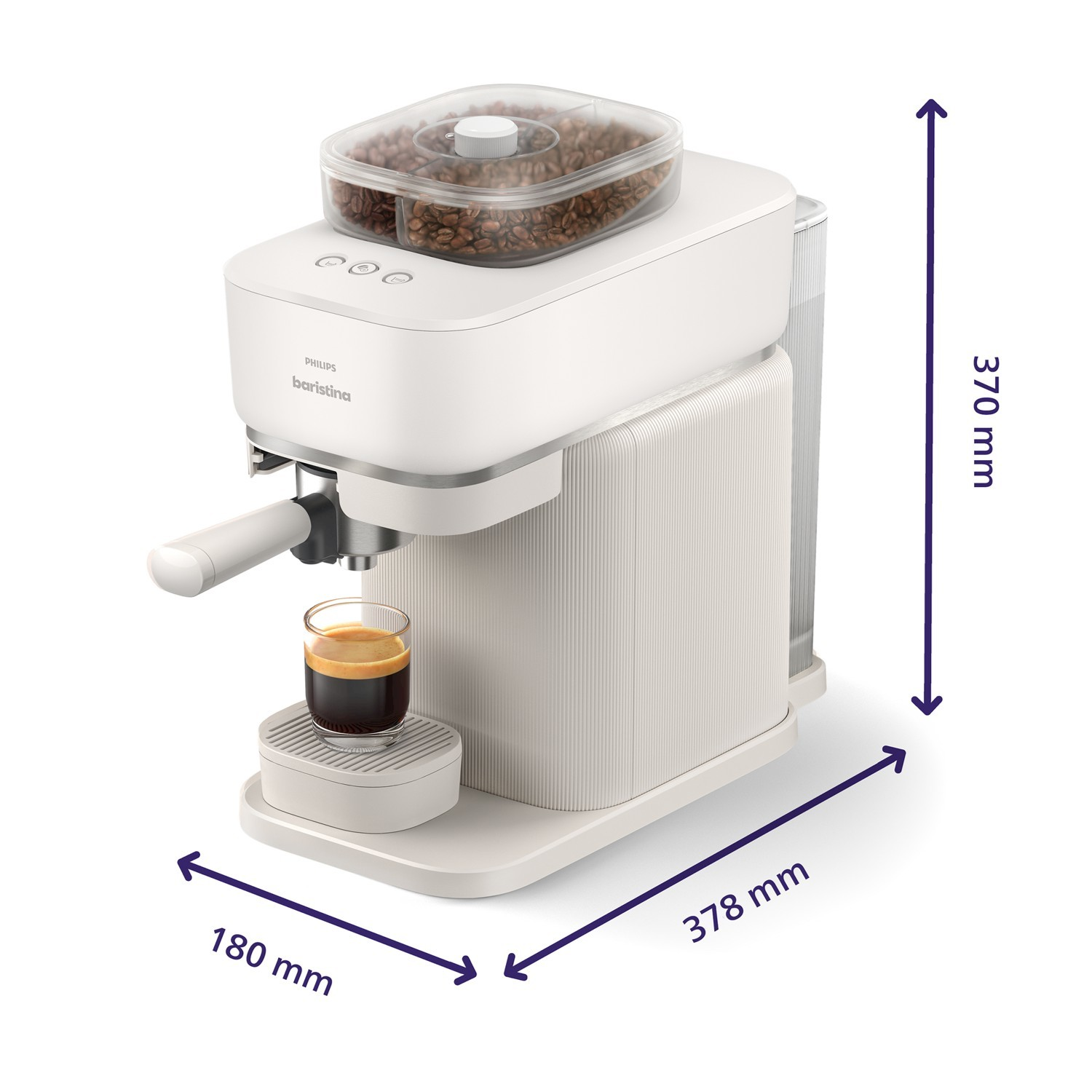 Macchina da caffè bianca con contenitore chicchi, tazzina espresso e misure.