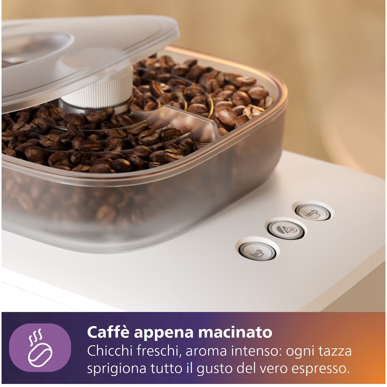 Macchina da caffè con contenitore chicchi e pulsanti di comando.