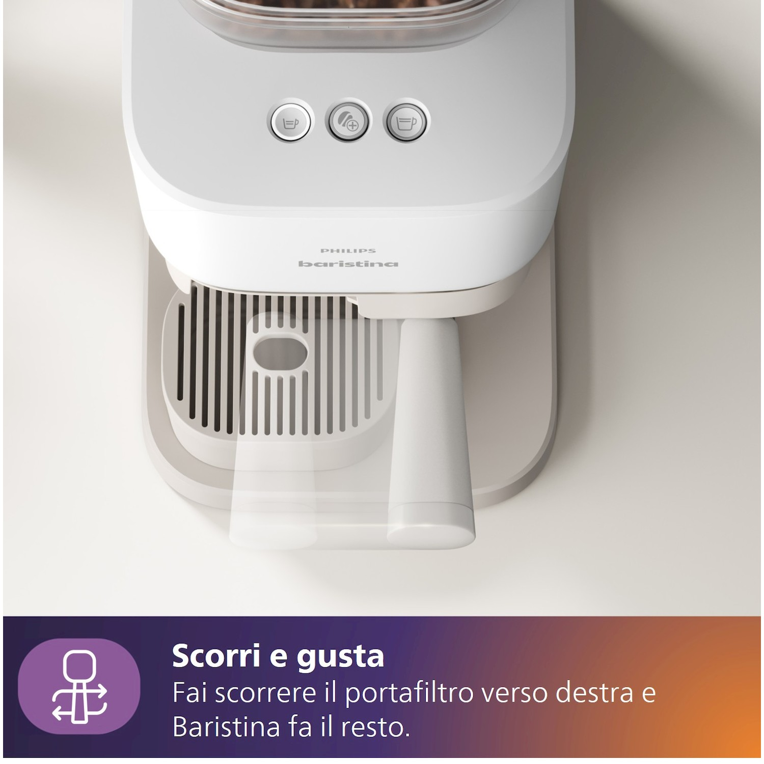 Macchina da caffè bianca con tre pulsanti e vaschetta raccogligocce.