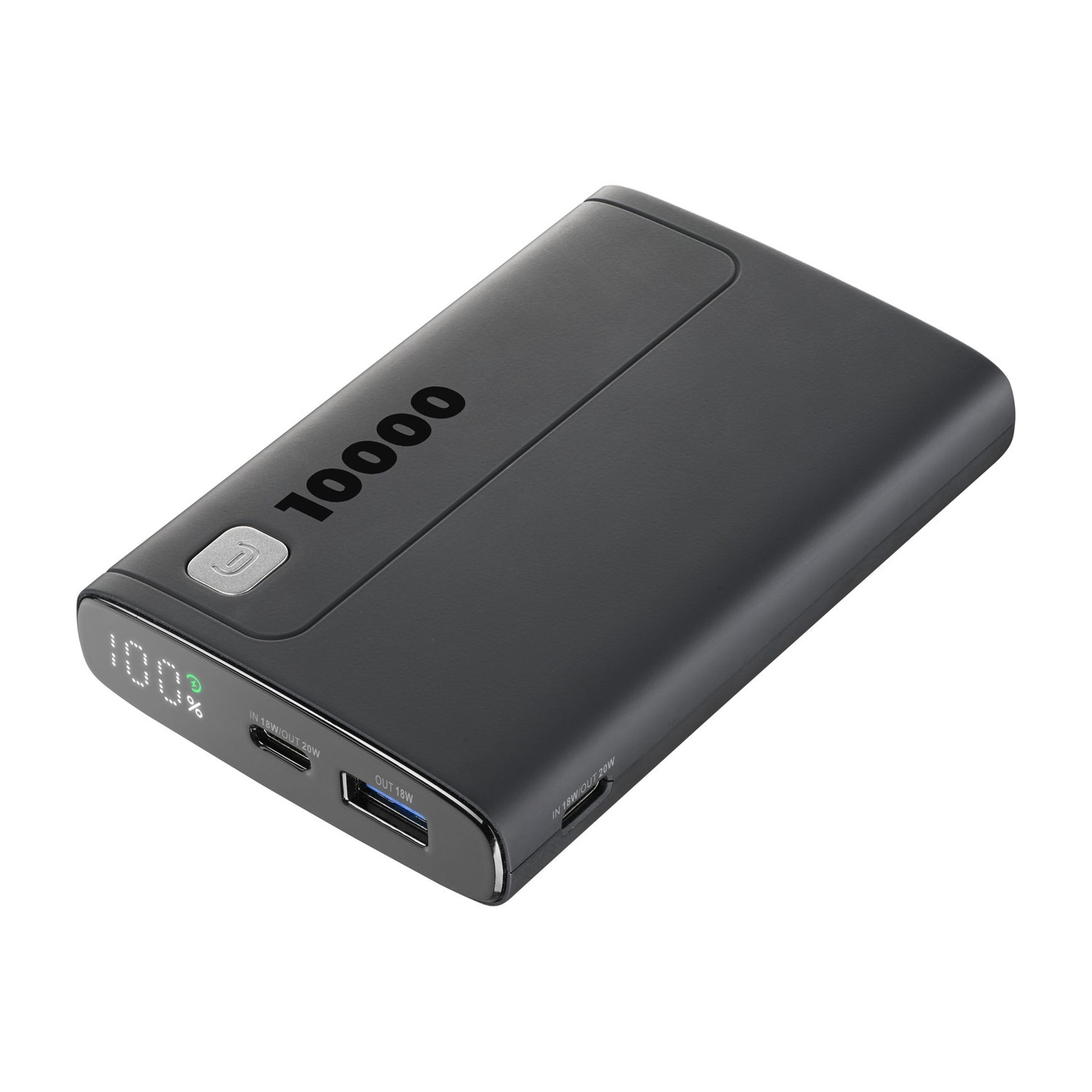Power bank nera da 10000 con porte USB-C e USB-A, carica al 100%.