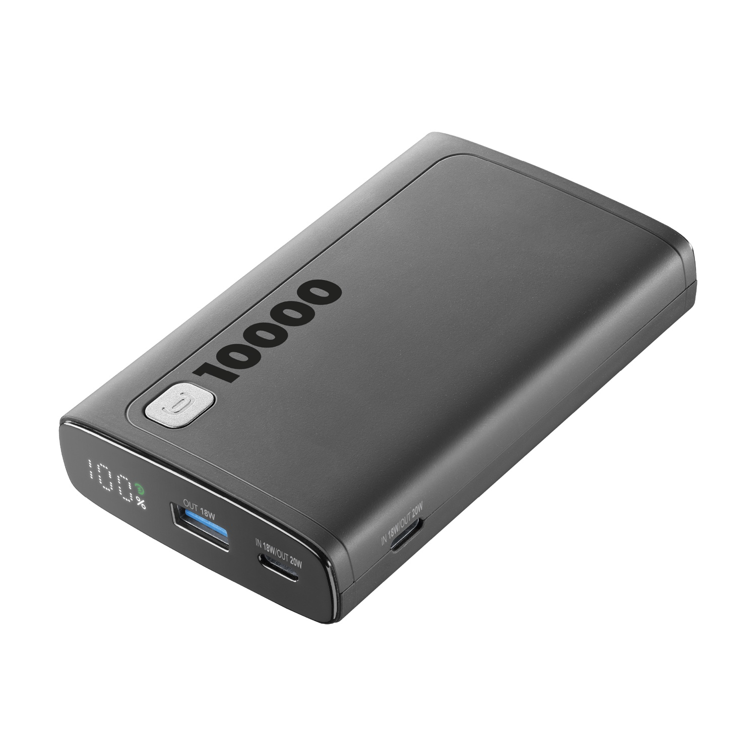 Power bank grigio da 10000 mAh con porte USB-C e USB-A.