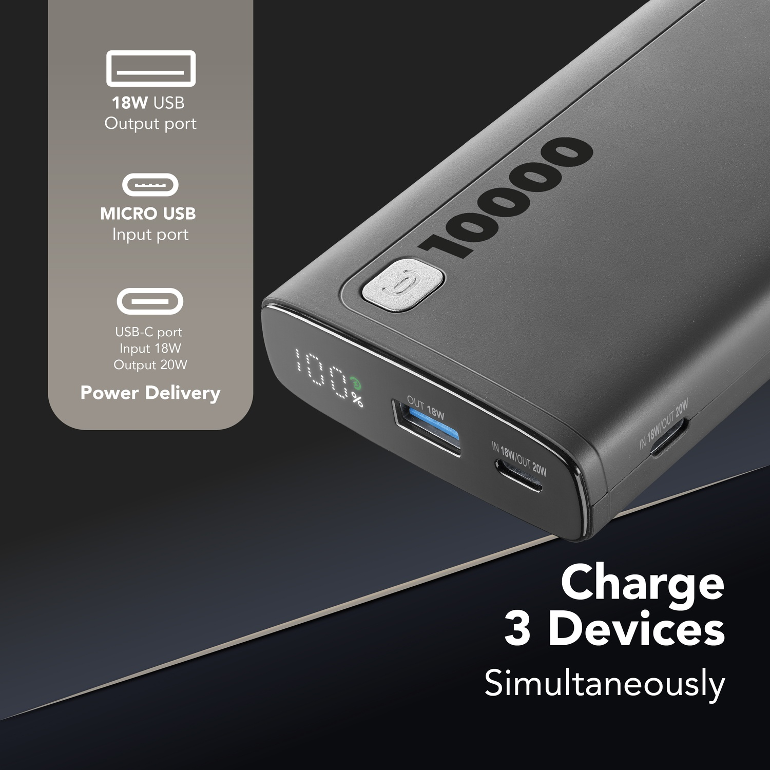Power bank nera da 10000 con tre porte e indicatore di carica.