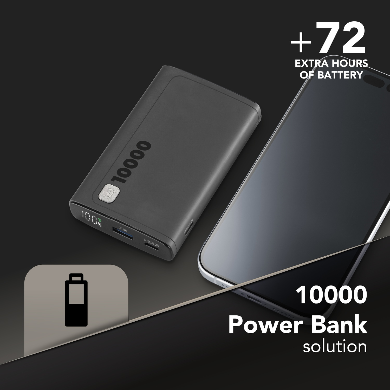 Power bank nera da 10000 accanto a uno smartphone. +72 ore di batteria.