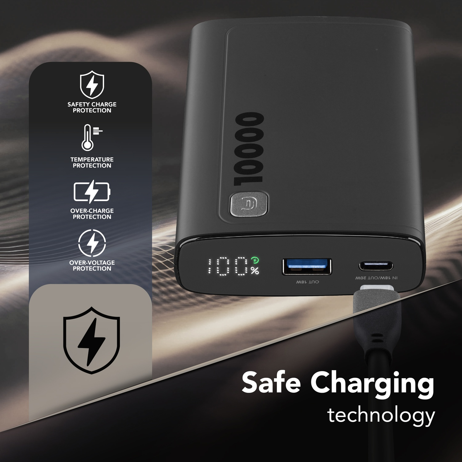 Power bank nera da 10000mAh con display, porte e funzioni di sicurezza.