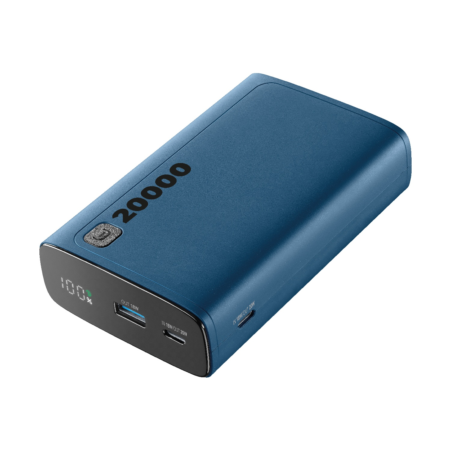 Un power bank blu da 20000 mAh con display digitale al 100%.