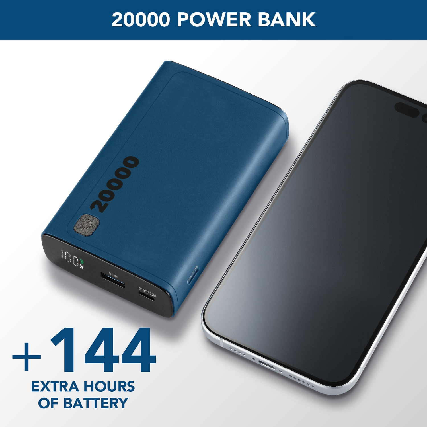 Un power bank blu da 20000 accanto a uno smartphone.