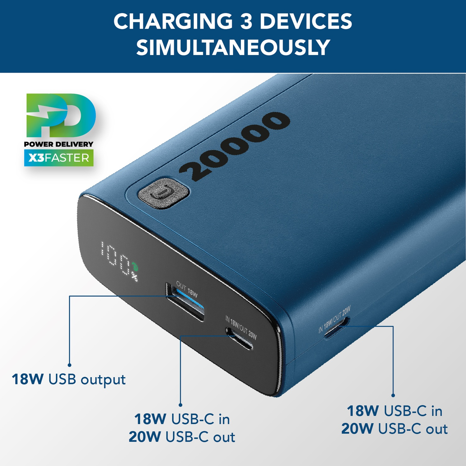 Power bank blu da 20000 mAh con porte USB da 18W e USB-C da 18W/20W.