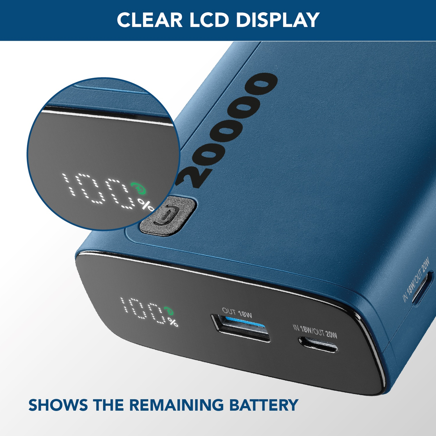 Power bank blu che mostra 100% di carica con porte USB.