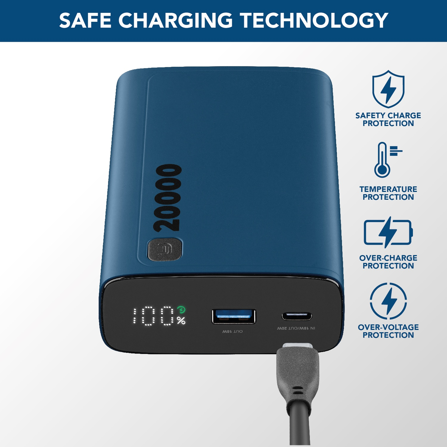 Power bank blu da 20000mAh, carica al 100%, cavo USB-C collegato.