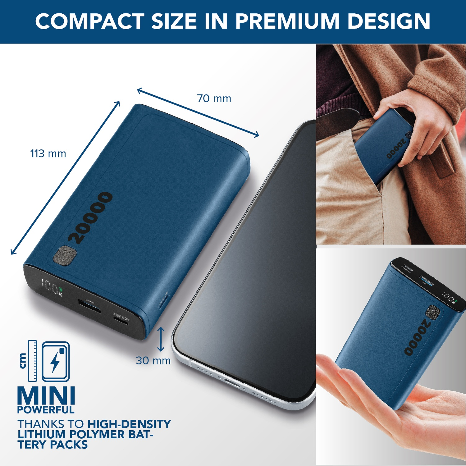 Un power bank blu da 20000 mAh accanto a uno smartphone.
