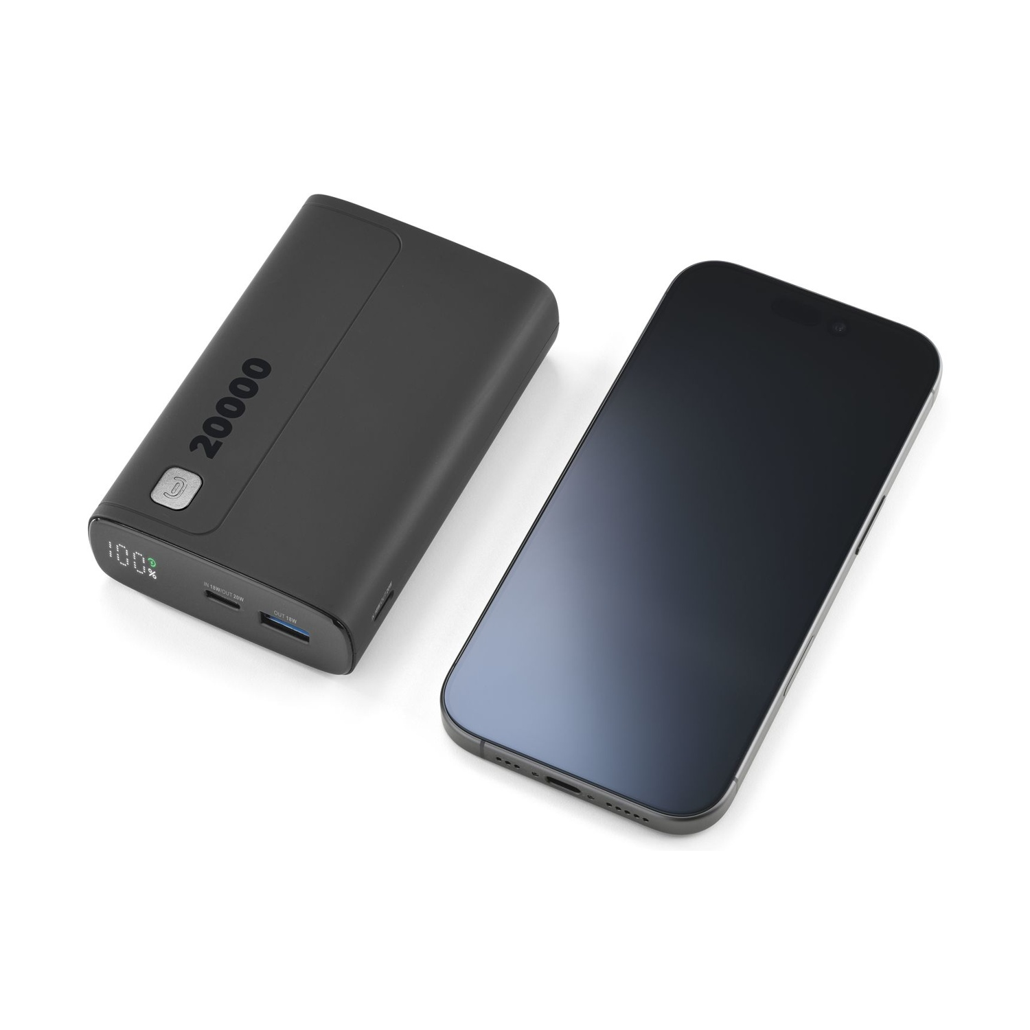 Un power bank nero da 20000 mAh accanto a uno smartphone.
