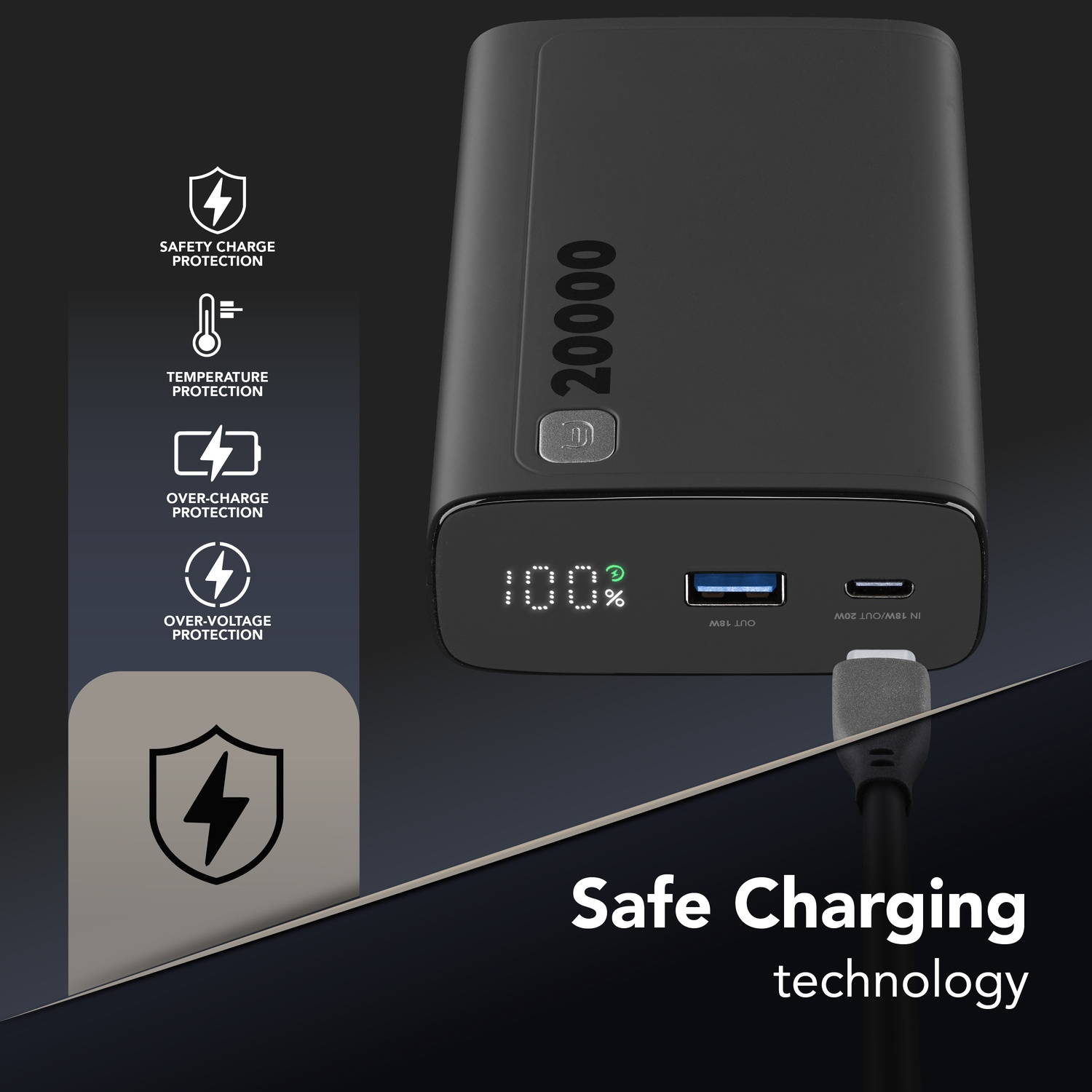 Power bank nera da 20000 con porta USB-C e funzioni di sicurezza.