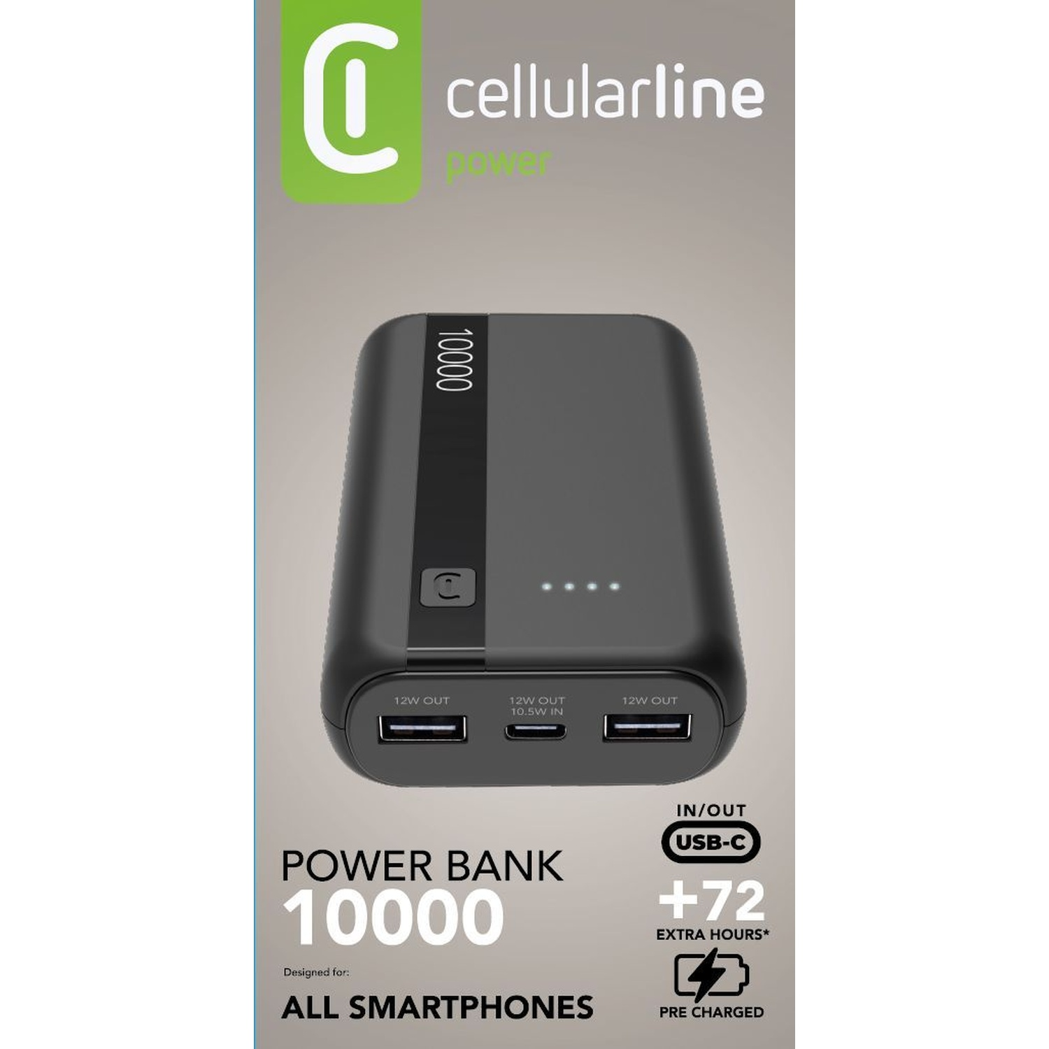 Power bank nera Cellularline 10000 con USB-C e due porte USB-A.