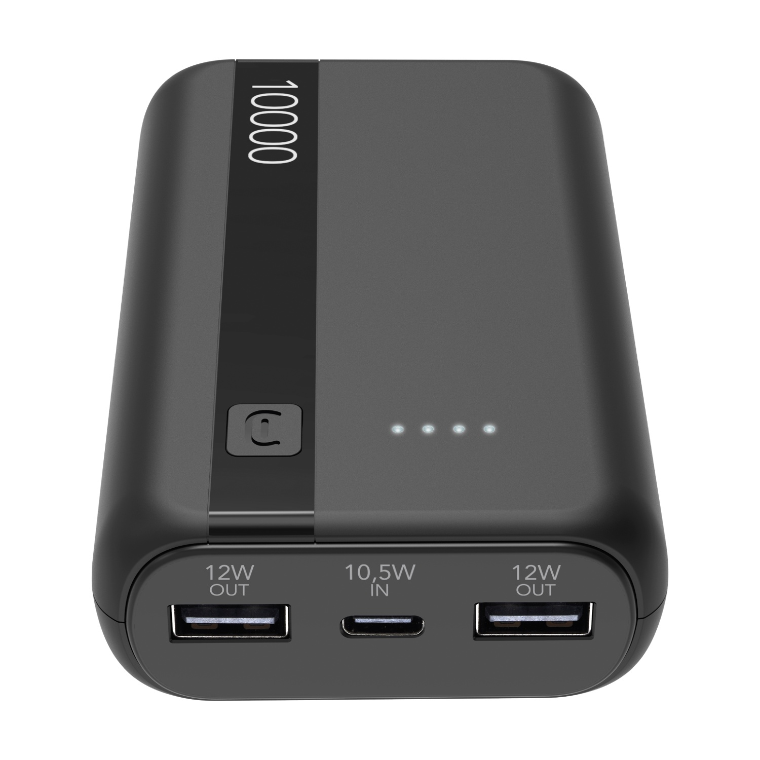 Power bank nero da 10000mAh con porte USB e spie di carica.