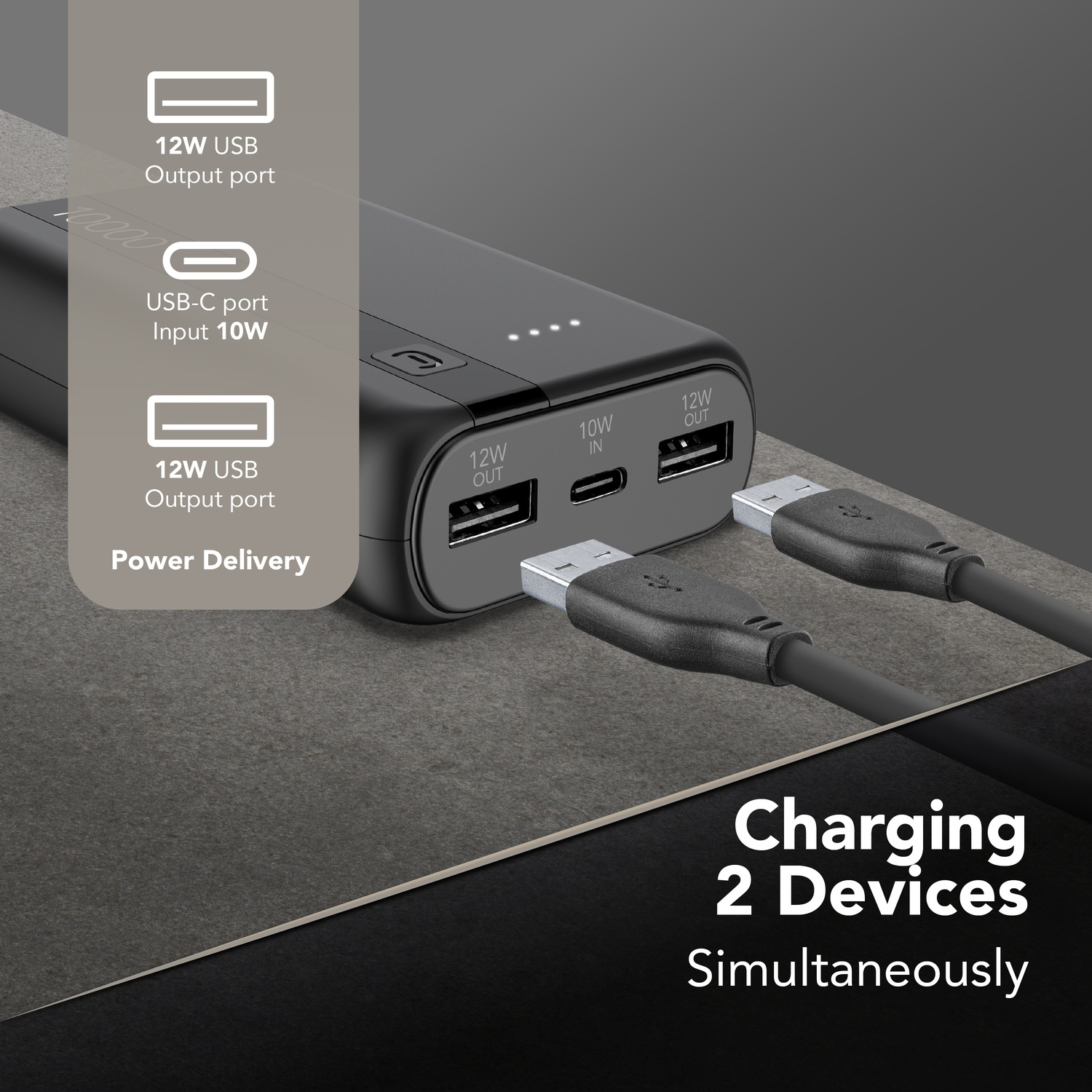Power bank nera con due cavi USB collegati, che mostra le porte di ricarica.
