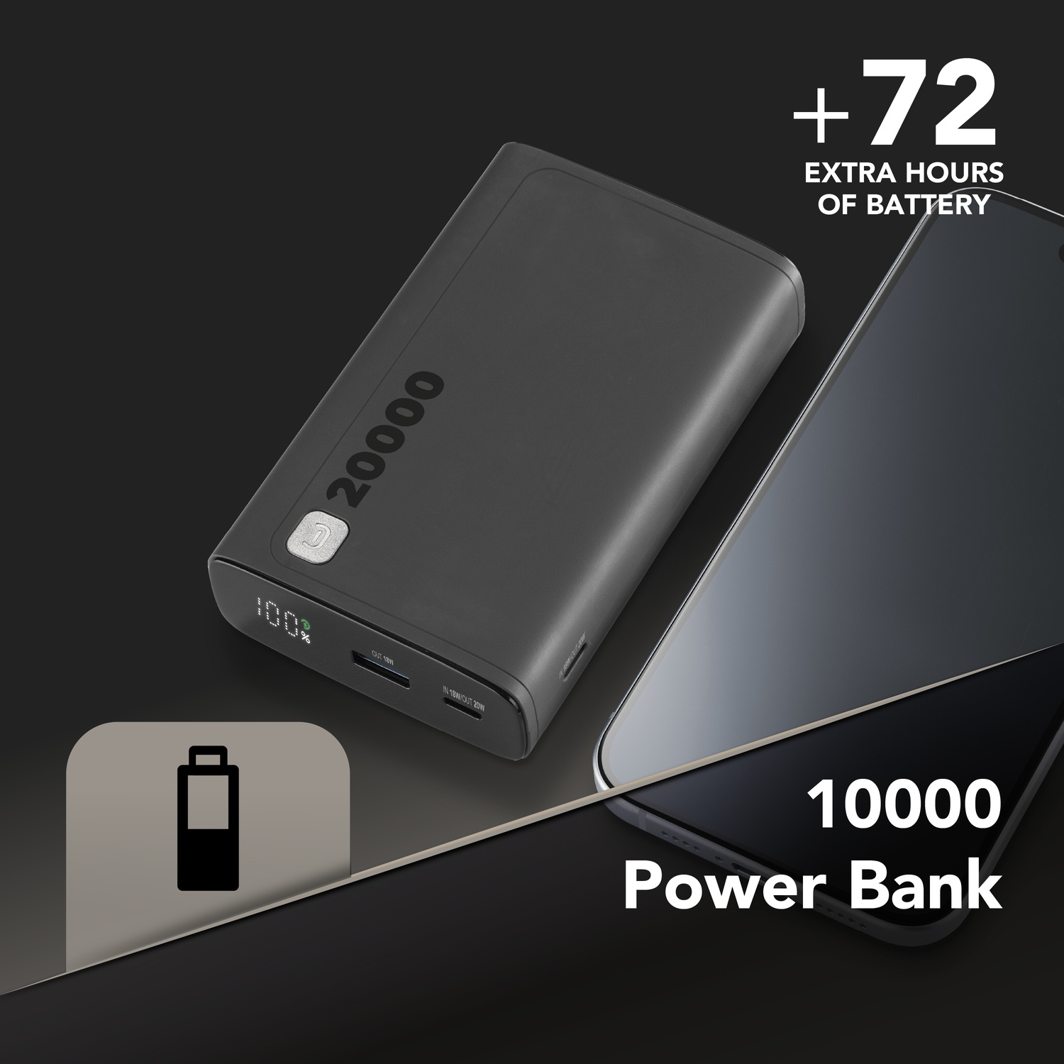 Power bank nero da 20000 mAh e display smartphone con 100% di carica. +72 ore extra.