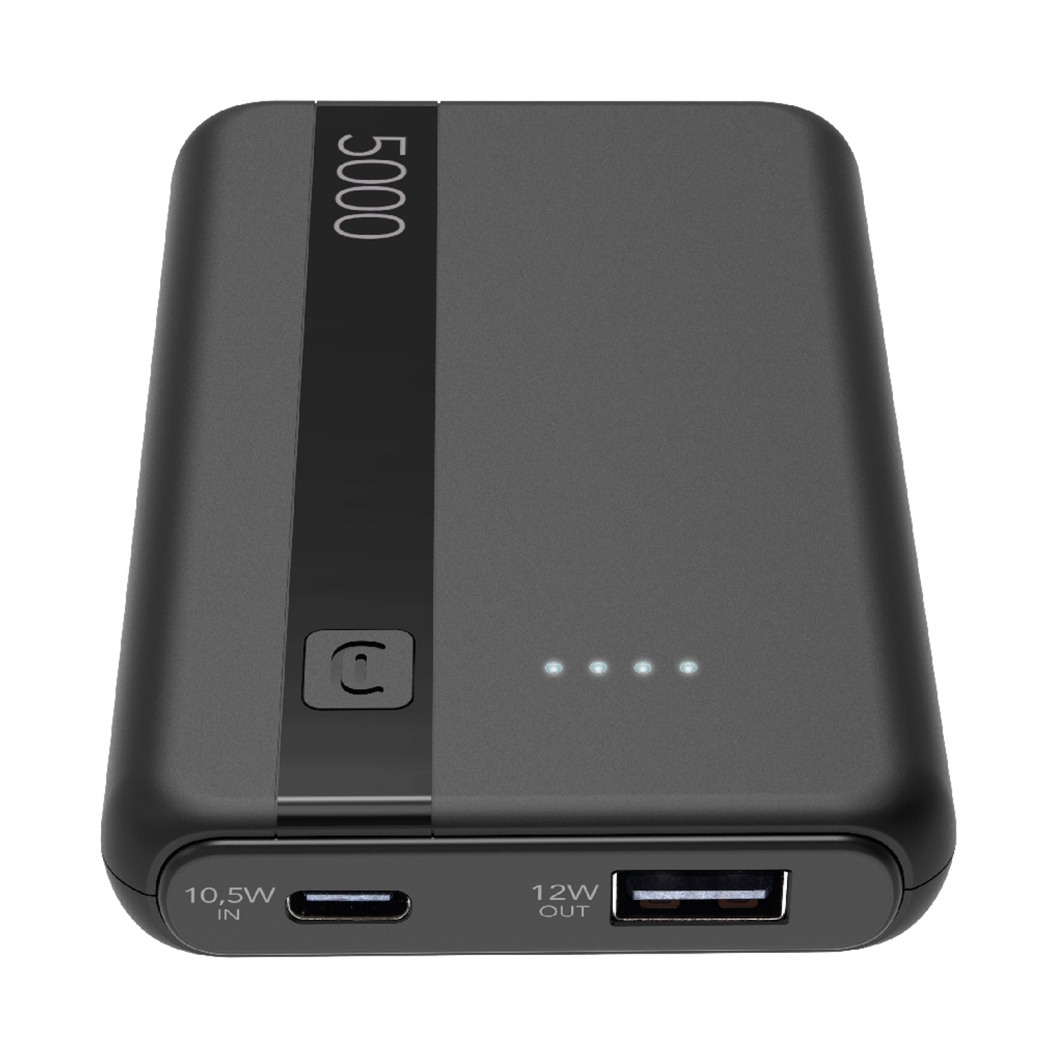 Power bank nera da 5000 mAh con porta USB-C in ingresso e USB-A in uscita.