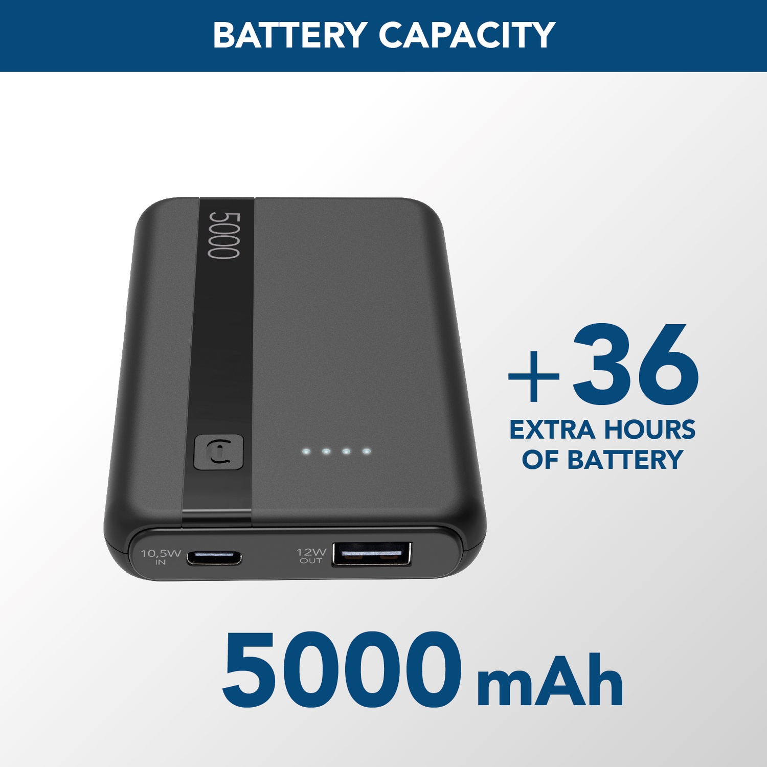 Power bank nera da 5000 mAh, ingresso 10,5W, uscita 12W.