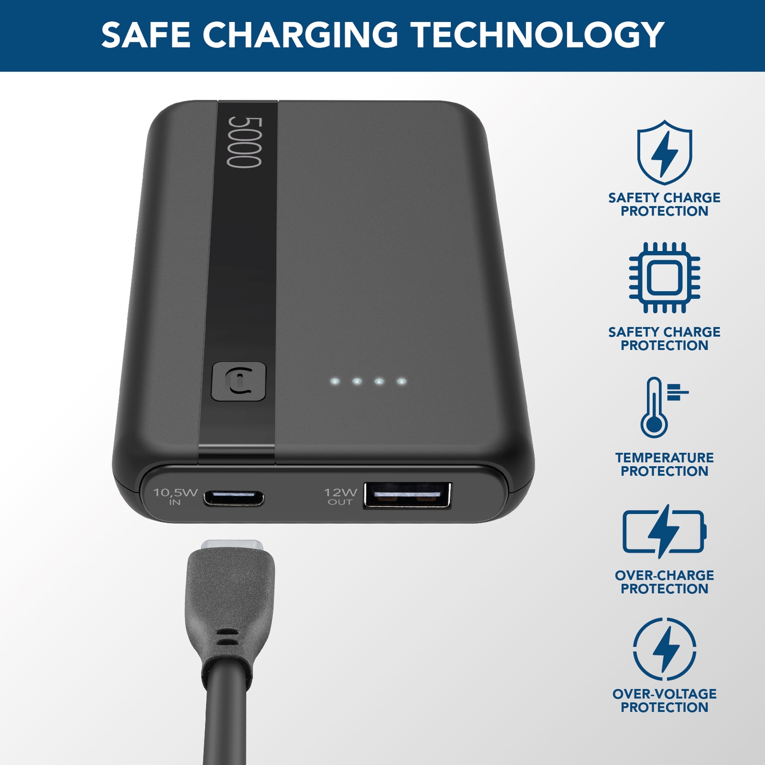 Power bank nero con capacità 5000 e porta di ricarica.