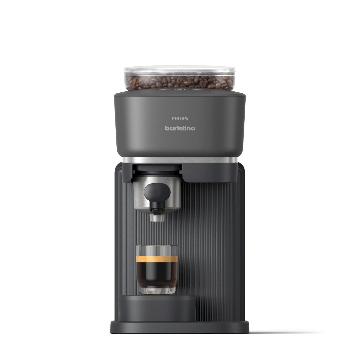 Macchina da caffè grigio scuro con contenitore chicchi e un bicchiere di espresso.