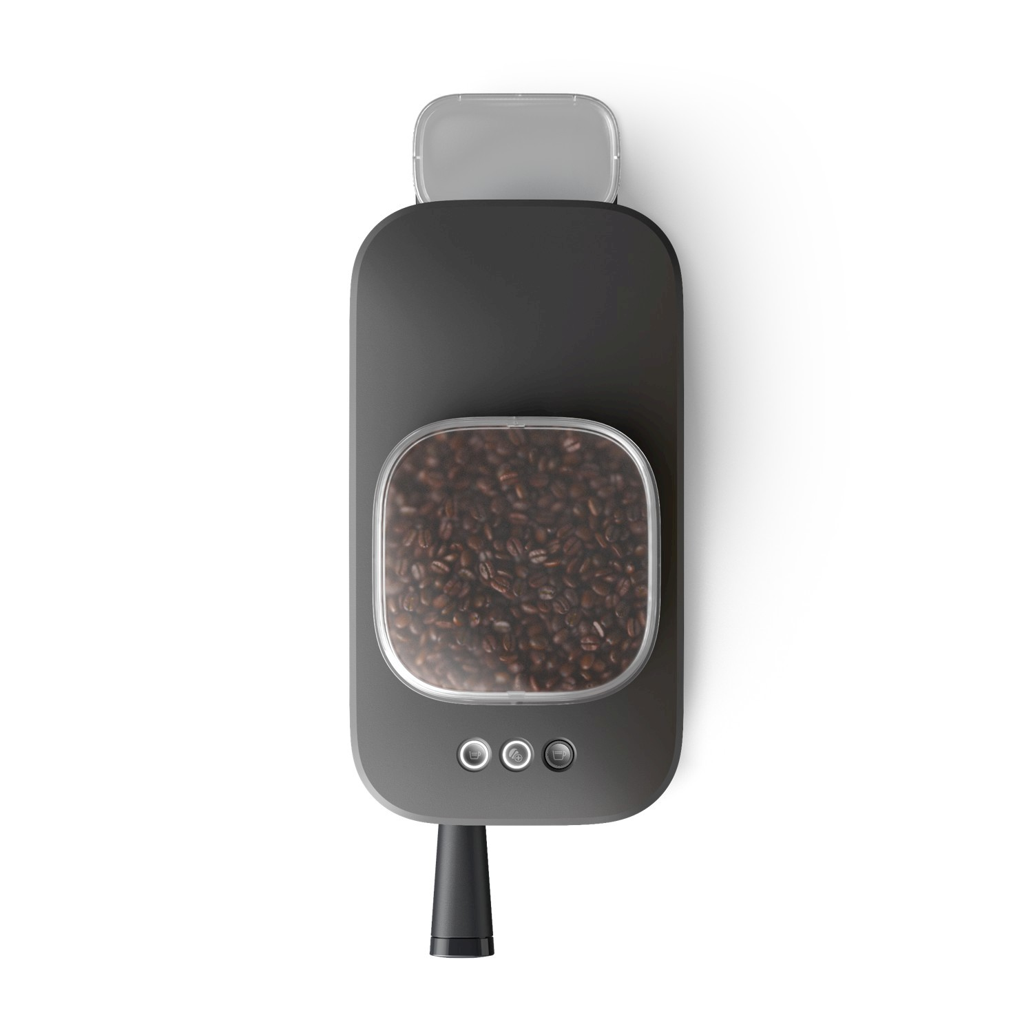 Macchina da caffè grigio scuro con contenitore trasparente pieno di chicchi.