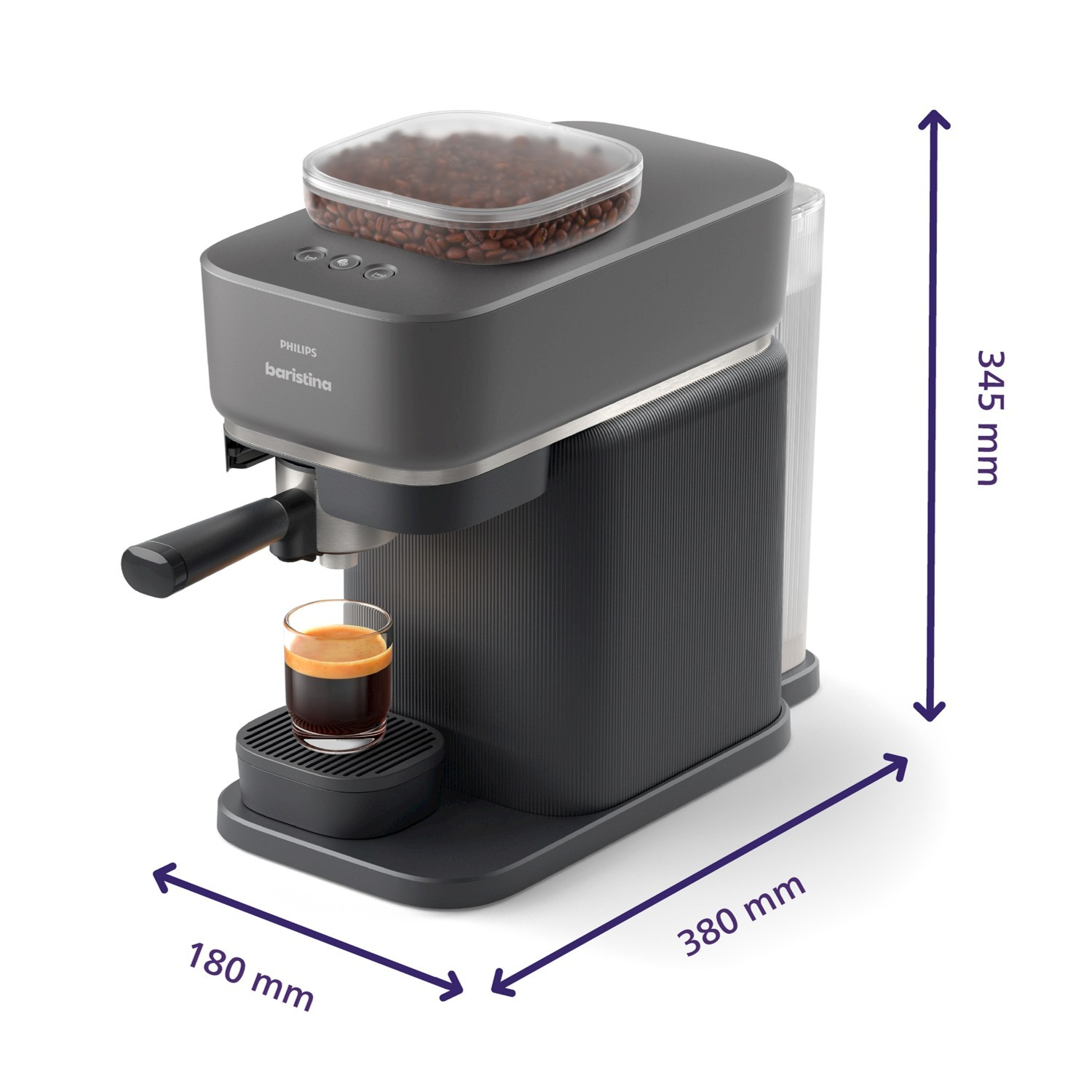 Macchina da caffè grigio scuro con bicchiere ed espresso, dimensioni indicate.