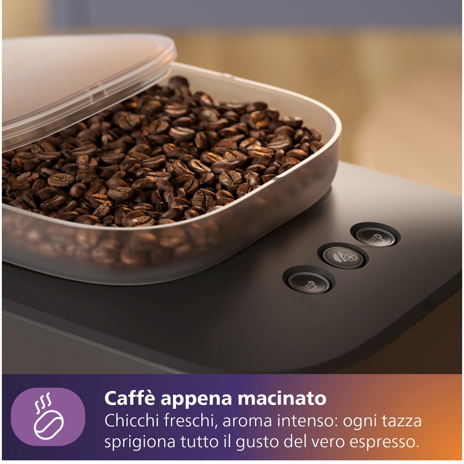 Macchina da caffè con contenitore di chicchi e pulsanti di controllo.