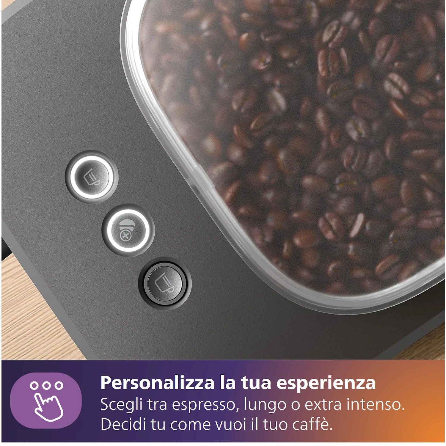 Macchina da caffè con contenitore chicchi e pulsanti per espresso, lungo, extra intenso.