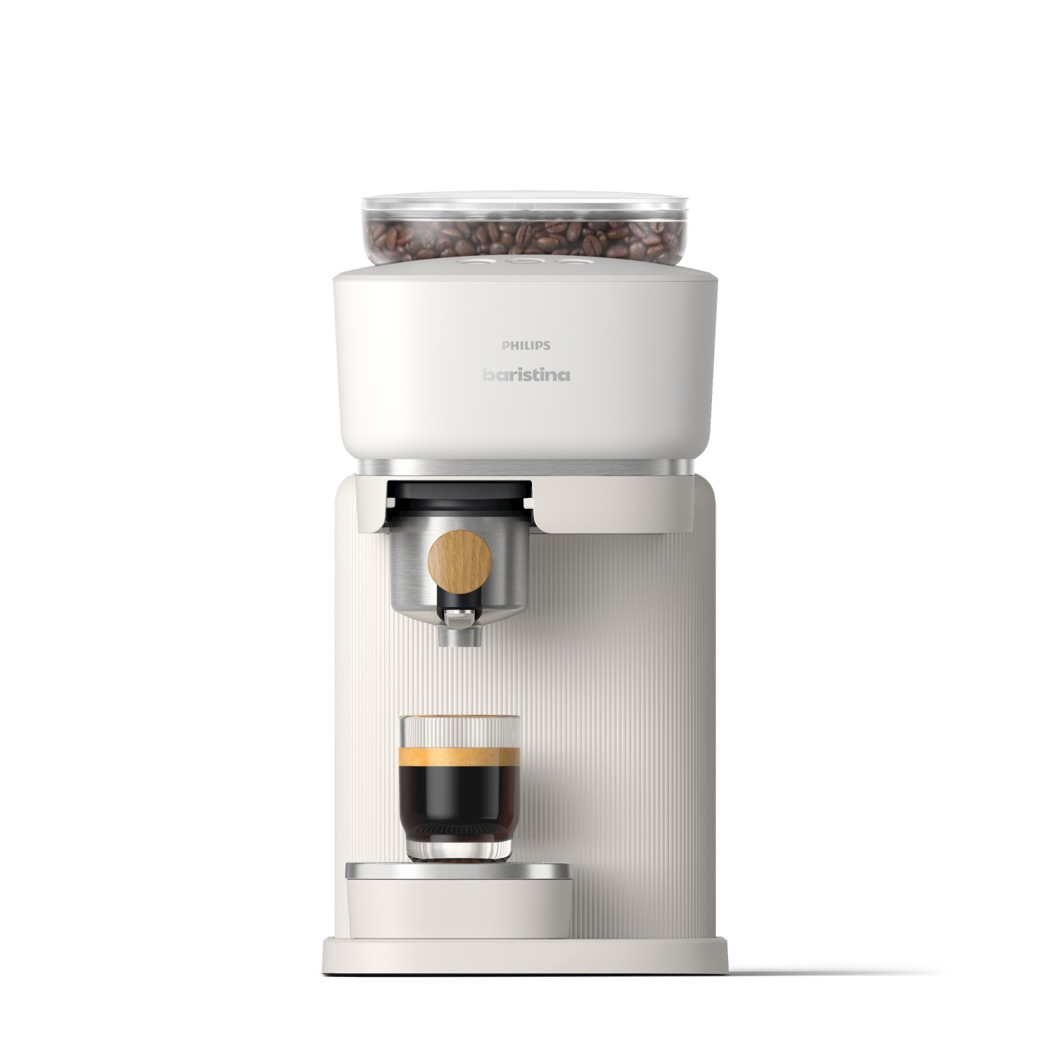 Una macchina da caffè bianca con contenitore per chicchi e un bicchiere di espresso.