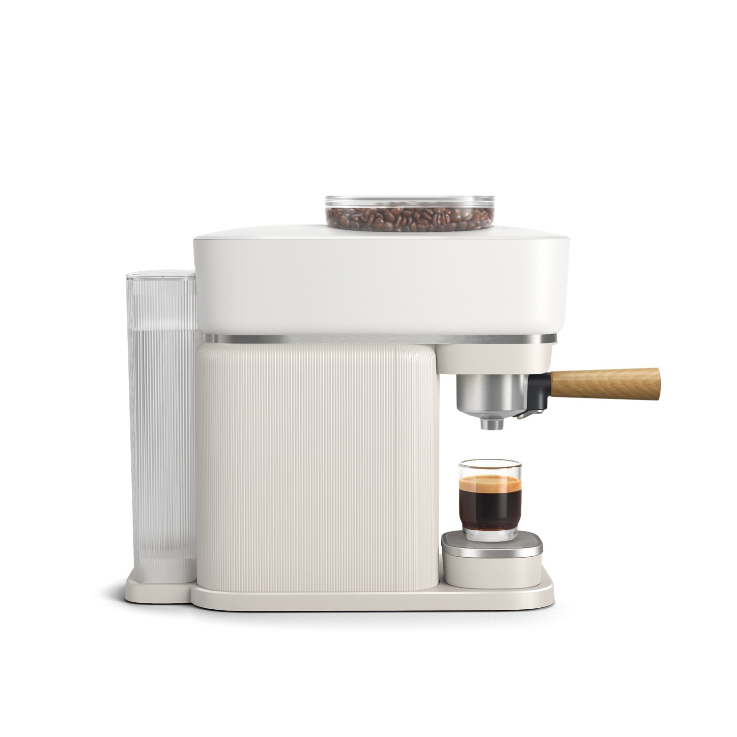 Macchina per espresso bianca con serbatoio acqua, contenitore chicchi e espresso.