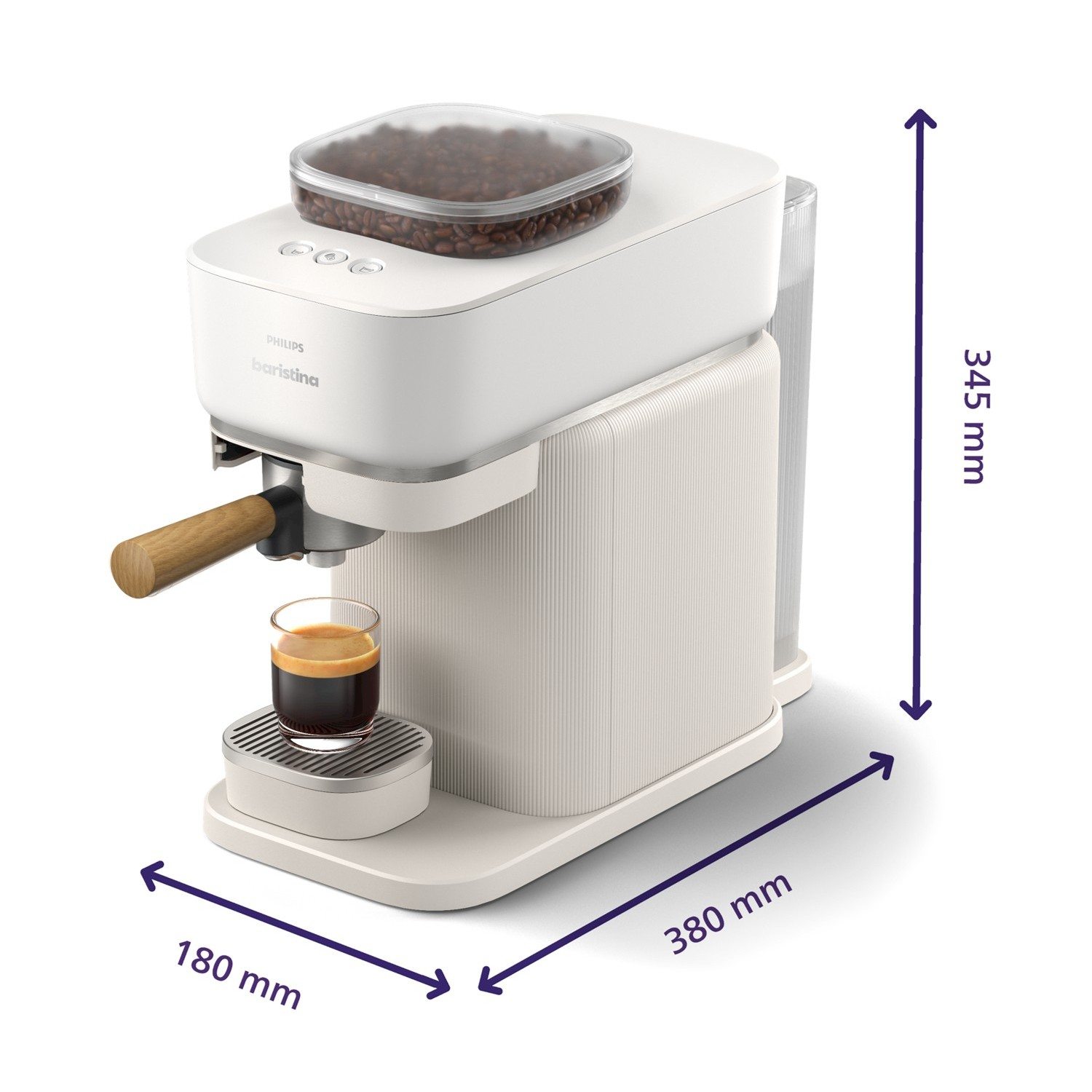 Una macchina da caffè Philips Barista bianca con contenitore chicchi e tazzina espresso.