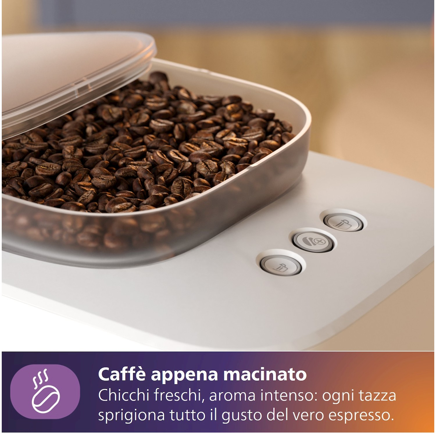 Macchina da caffè con contenitore chicchi e pulsanti.